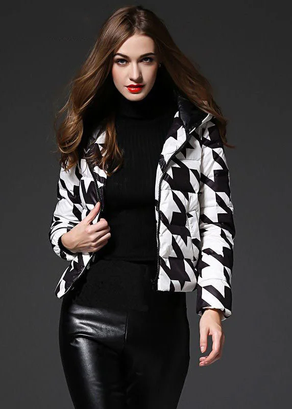 Women's Button-Up CoatsFashion Black White Plaid Hooded Zippered Duck Down Puffer Jacket Winter