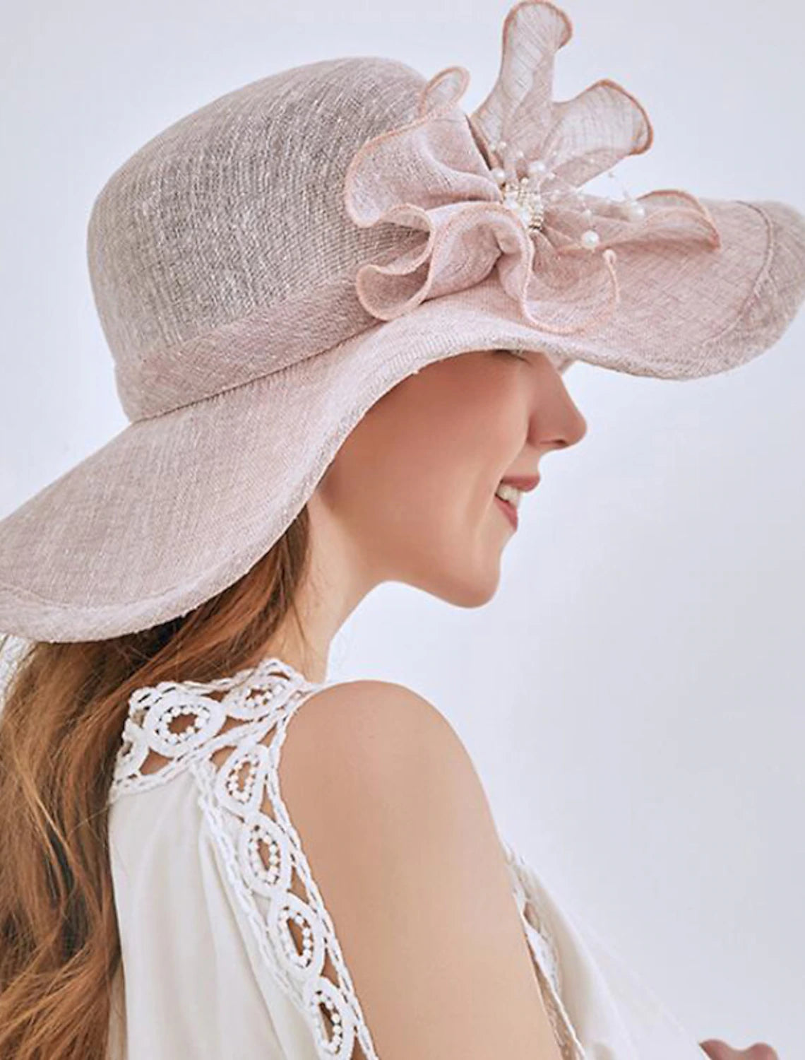 hats with built-in headphone holdersHeadwear Tulle Imitation Pearl Bucket Hat Straw Hat Sun Hat Wedding Outdoor Melbourne Cup With Bowknot Imitation Pearl Headpiece Headwear