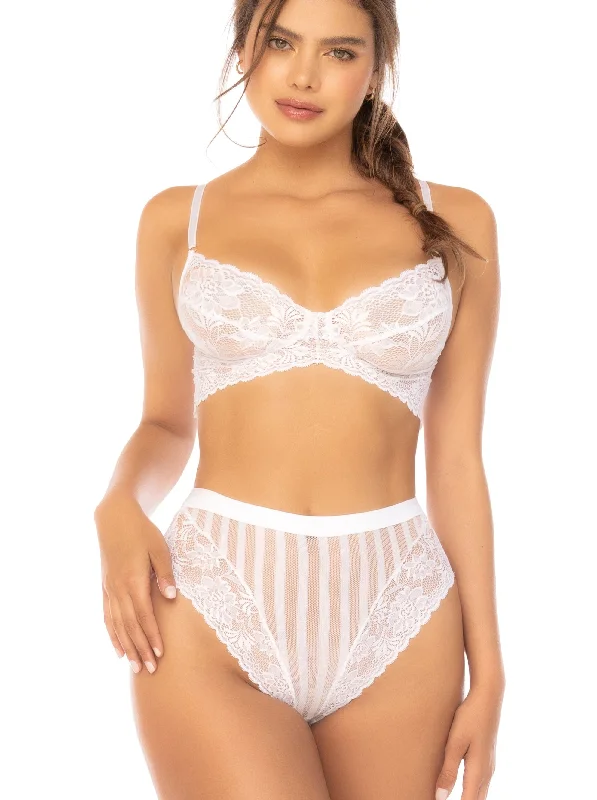 convertible plunge bra with lace trimMapale Lingerie Bridal Floral Lace Striped Mesh Bra Set White