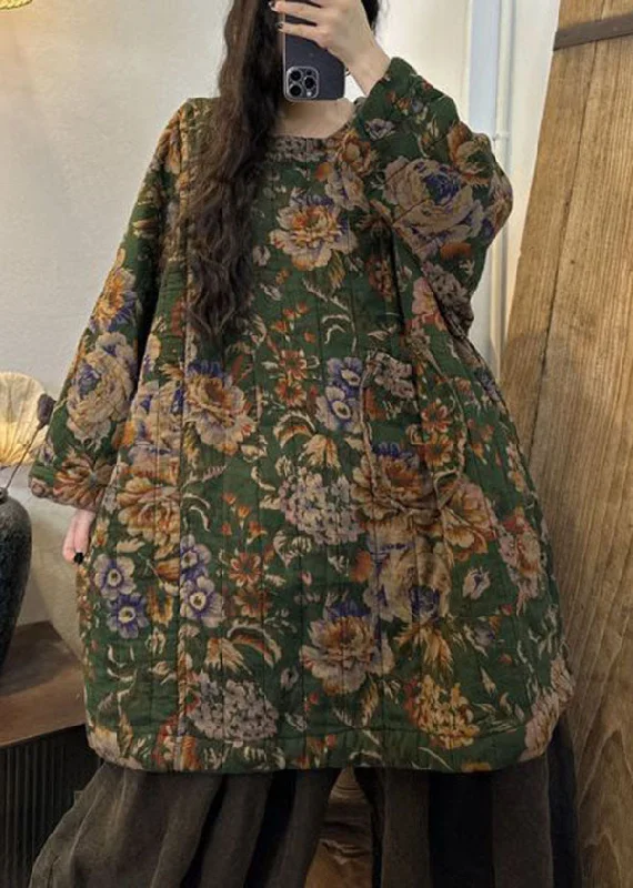 Women's Windbreaker CoatsCasual Green Print Oversized Pockets Fine Cotton Filled Dress Winter