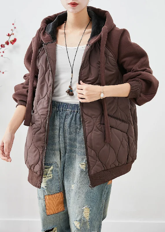 Women's Coats with CollarBrown Patchwork Fine Cotton Filled Puffer Jacket Hooded Oversized Winter