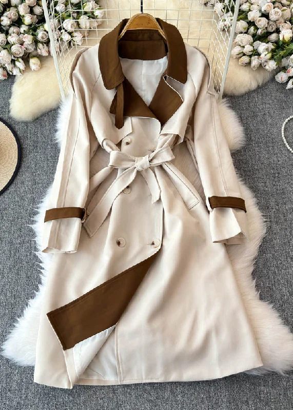 Women's Button-Up CoatsBoho Beige Notched Pockets Button Tie Waist Long Trench Coats Spring