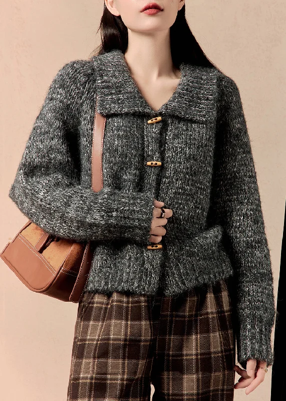 Women's Coats with Fur Trimmed CollarSimple Grey Peter Pan Collar Button Knit Coats Winter