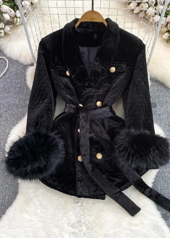 Women's Coats with Fur Trimmed ButtonsStylish Black Notched Button Warm Silk Velvet Jacket Winter