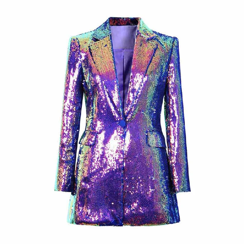 Women's Coats with ButtonsWomen's Luxury One Button Rainbow Multi-Color / Sequinned Mid-length Blazer Coat