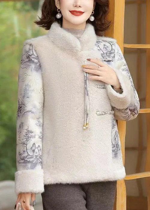 Women's Leather CoatsWomen Beige Button Patchwork Mink Velvet Coats Winter