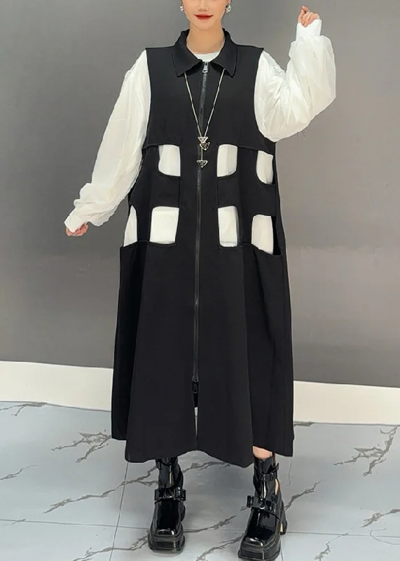 Women's Coats with Fur Trimmed SleevesBohemian Black Zippered Patchwork Hollow Out Long Waistcoat Dress Spring