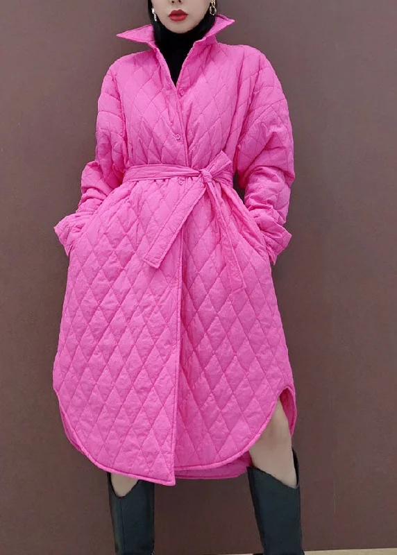 Women's Coats with Fur Trimmed CollarStyle Pink Peter Pan Collar Pockets Tie Waist Parka Winter