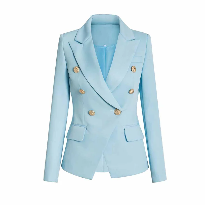 Women's Coats with Fur Trimmed ZipperWomen Light Blue Double Breasted Blazer Gold Buttons Jacket