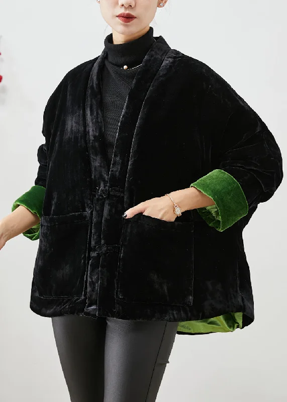 Women's Coats with SleevesHandmade Black Chinese Button Thick Cotton Filled Silk Velour Coats Winter