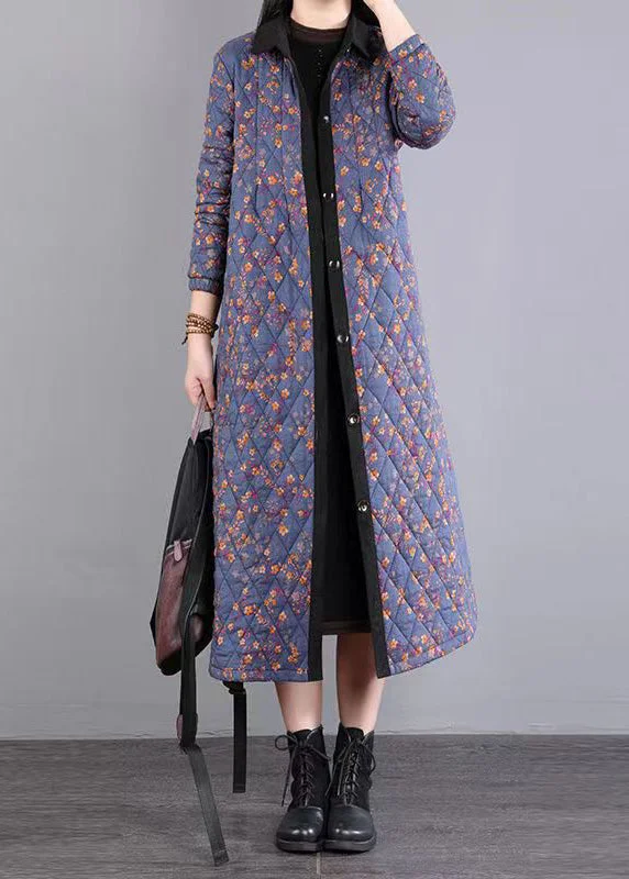 Women's Coats with SleevesPurple Print Patchwork Fine Cotton Filled Coats Peter Pan Collar Winter