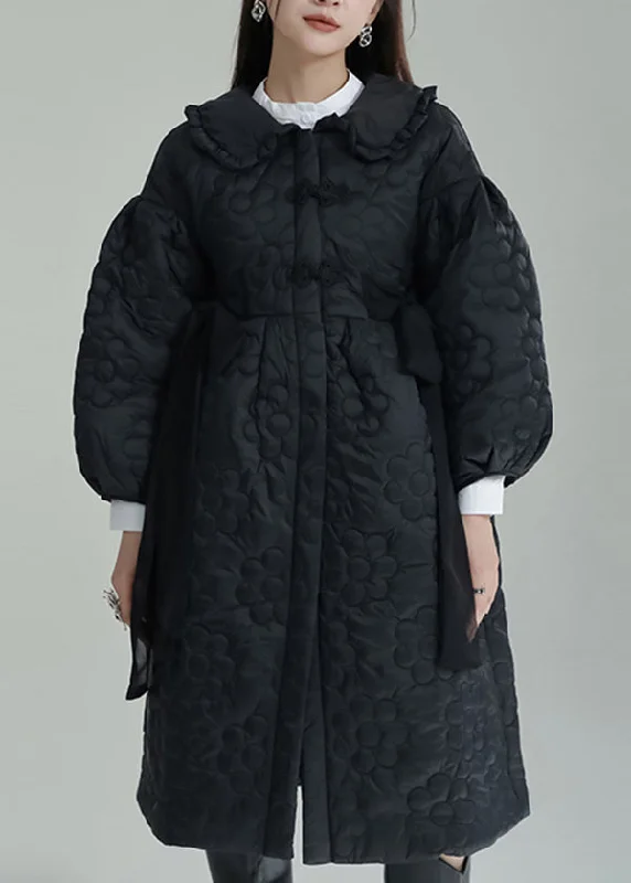 Women's Coats with Fur Trimmed BeltBlack Embossed Cotton Filled Coat Peter Pan Collar Lantern Sleeve