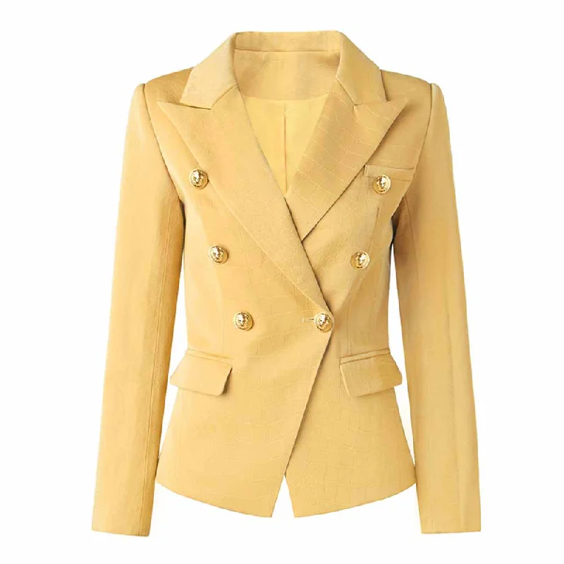 Women's Coats with Fur Trimmed CollarWomen Velvet Yellow Double Breasted Blazer Gold Buttons Jacket