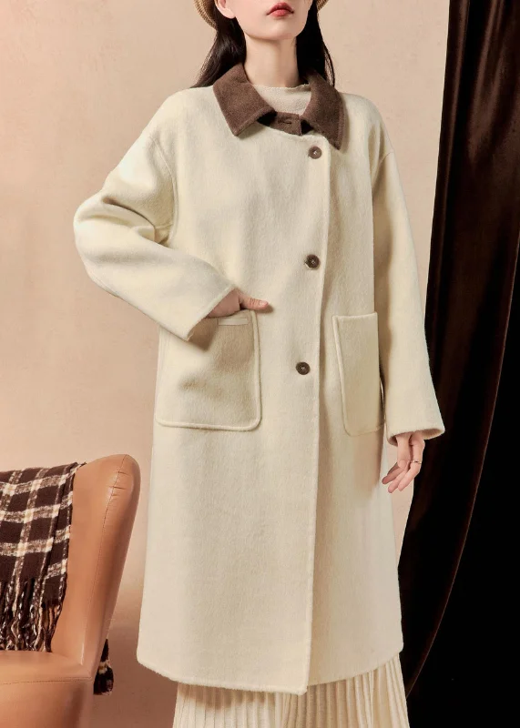 Women's Long CoatsFrench White Button Pockets Patchwork Woolen Coat Winter