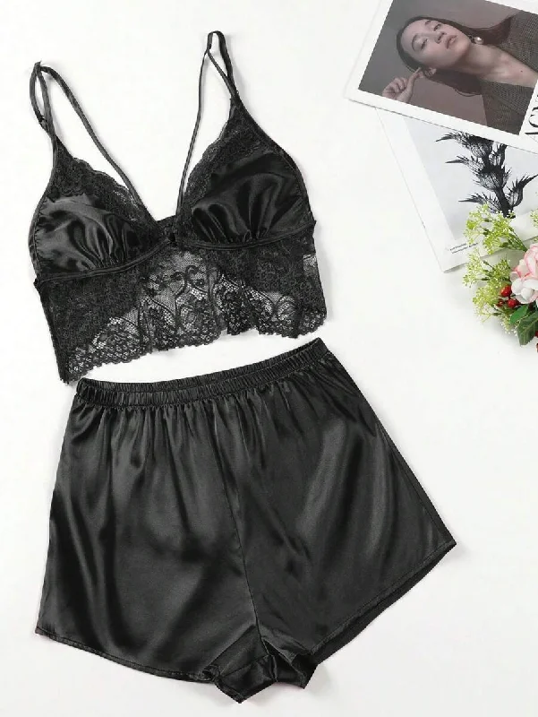 women's pajamas in soft, breathable materialsContrast Lace Harness Satin Cami Top And Shorts Set