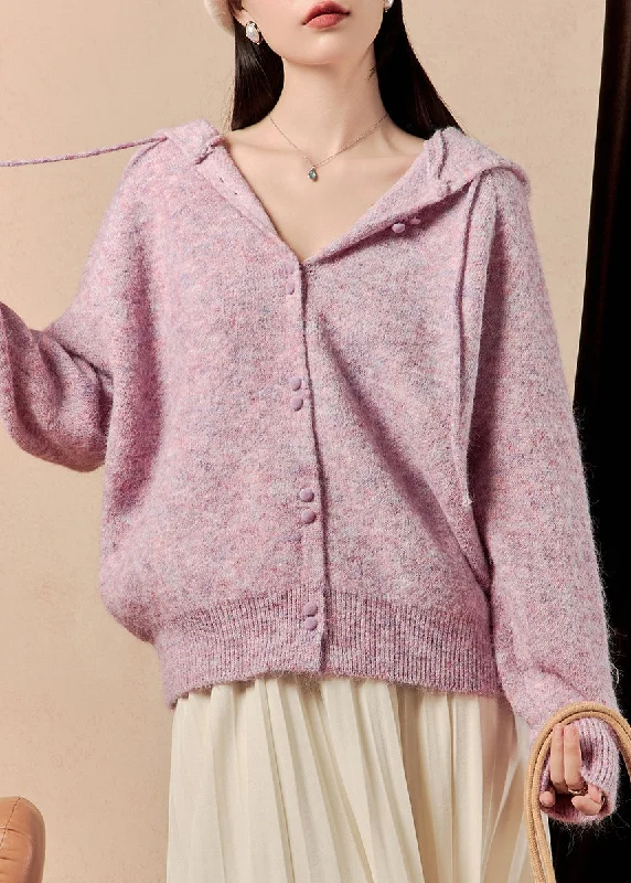 Women's Trench CoatsClassy Purple Hooded Button Lace Up Knit Coats Spring