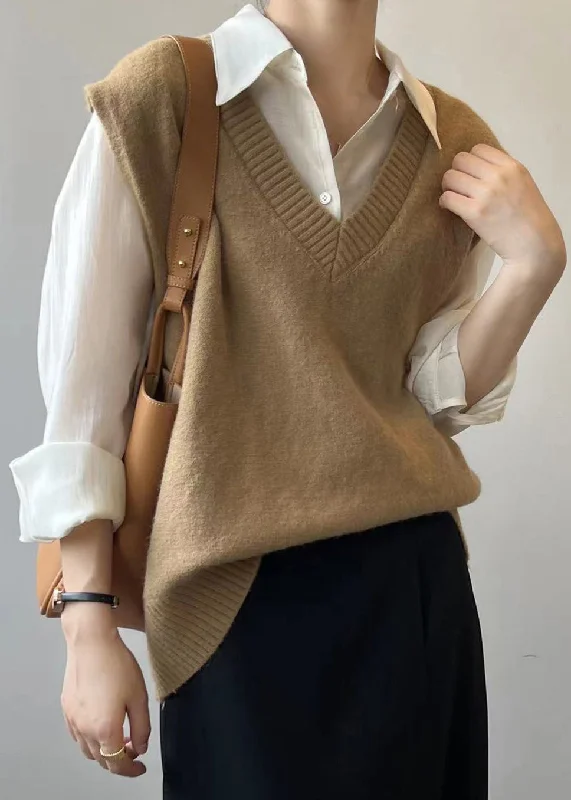 Women's Coats with Fur Trimmed HoodSimple Khaki V Neck Cozy Cashmere Knit Waistcoat Sleeveless