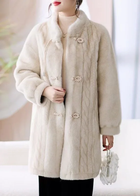 Women's Coats with Fur Trimmed HoodFrench Beige Stand Collar Button Pockets Mink Hair Coat Winter