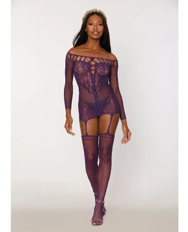 padded push-up bra for petitesDreamgirl Scalloped Lace and Fishnet Garter Dress w/Attached Stockings Purple