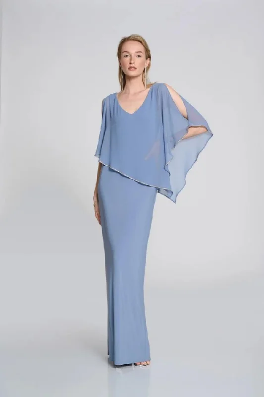 hats with built-in fans and sunglasses for beach daysSilky Knit Chiffon Layered Gown with Cape