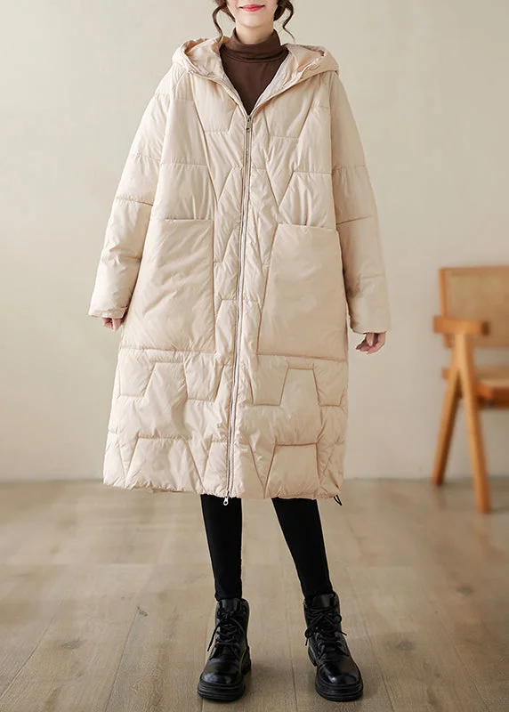 Women's Trench CoatsLoose Beige Zippered Hooded Fine Cotton Filled Coats Winter