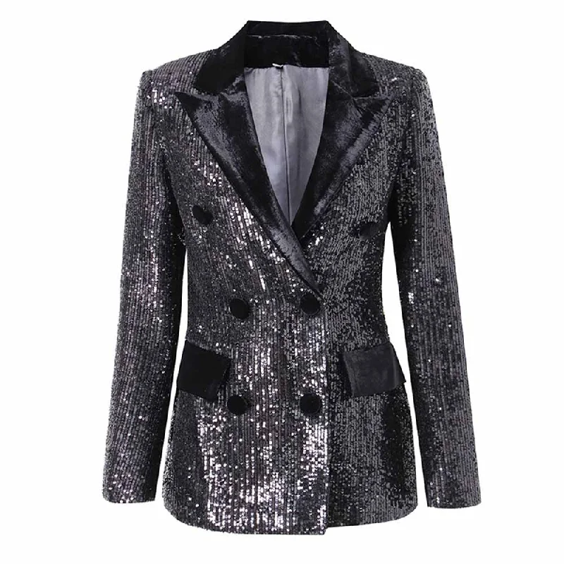 Women's Coats with BeltWomen Black Sequins Blazer Double Breasted Blazer