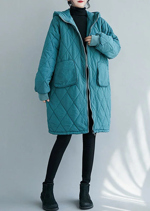 Women's Coats with Fur LiningBlue Zippered Pockets Thick Hooded Parka Winter