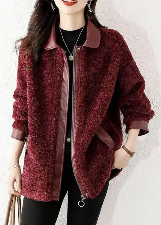 Women's Parka CoatsLoose Wine Red Zippered Patchwork Teddy Faux Fur Coat Winter