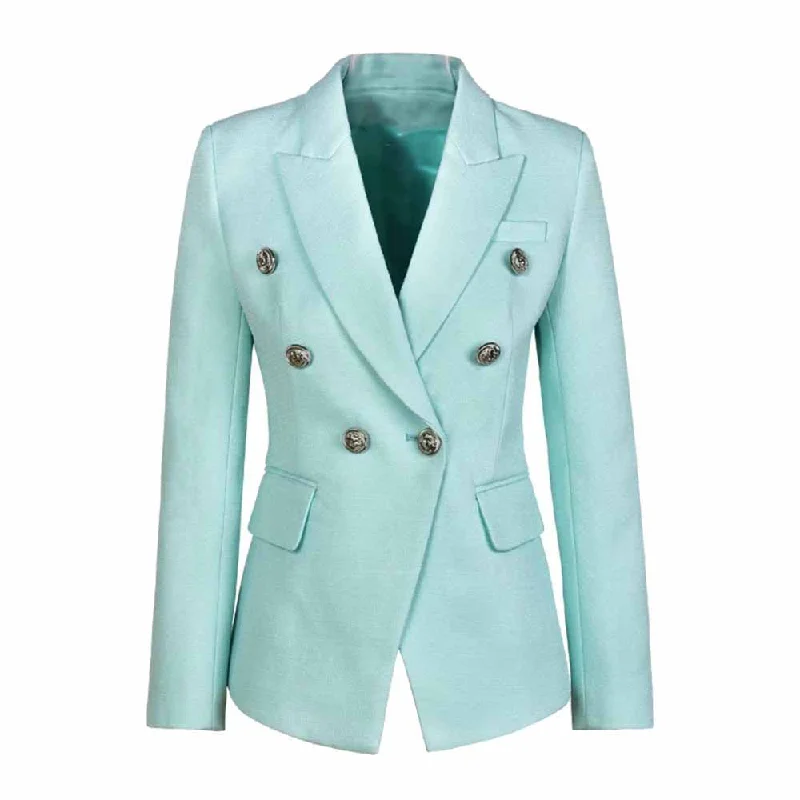 Women's Wool CoatsWomen's Luxury Fitted Mint Green Blazer Golden Lion Buttons Coat Jacket