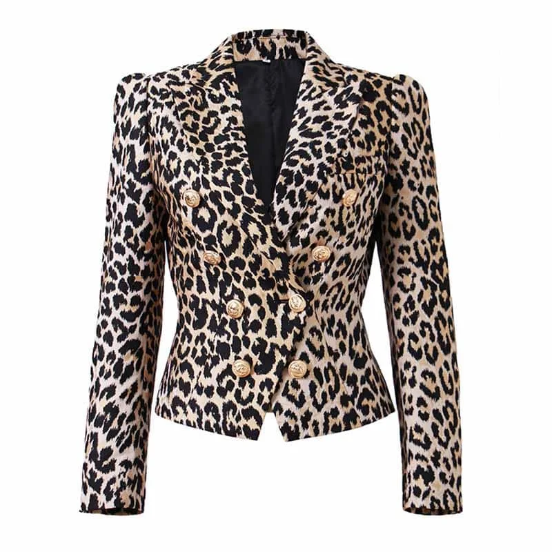 Women's Coats with Fur Trimmed ZipperWomen Leopard Print Blazer Gold Button Double-breasted Button Slim Blazer