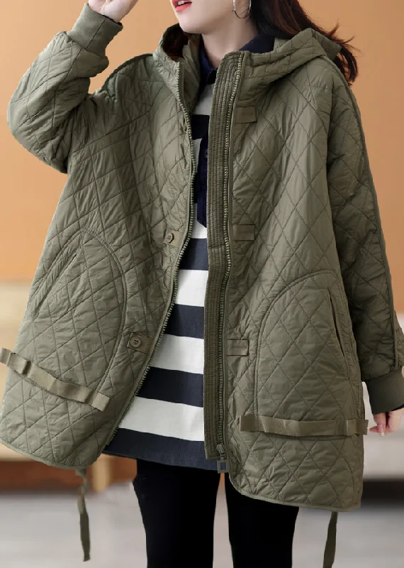 Women's Quilted CoatsLoose Army Green Hooded Pockets Cotton Filled Parka Winter