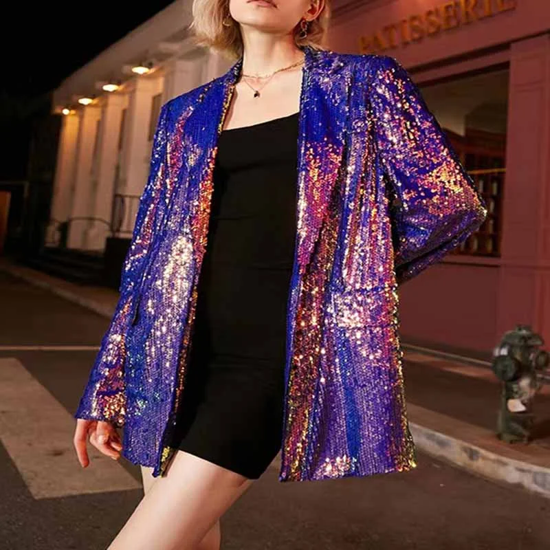 Women's Coats with ZipperWomen Sequin Blazer Colorful Glitter Coat Party Jacket