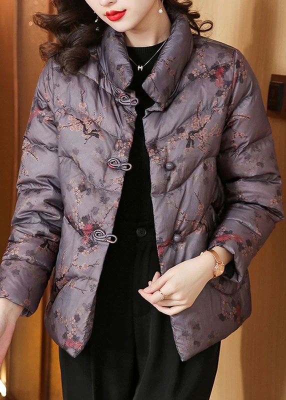 Women's Coats with Fur Trimmed ZipperPurple Print Button Thick Parka Long Sleeve