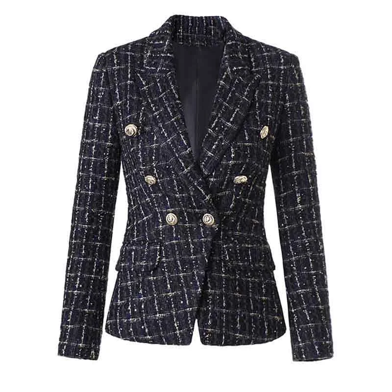 Women's Coats with Fur Trimmed HoodWomens Plaid Tweed Blazer Double Breasted Gold Buttons Woolen Blazer