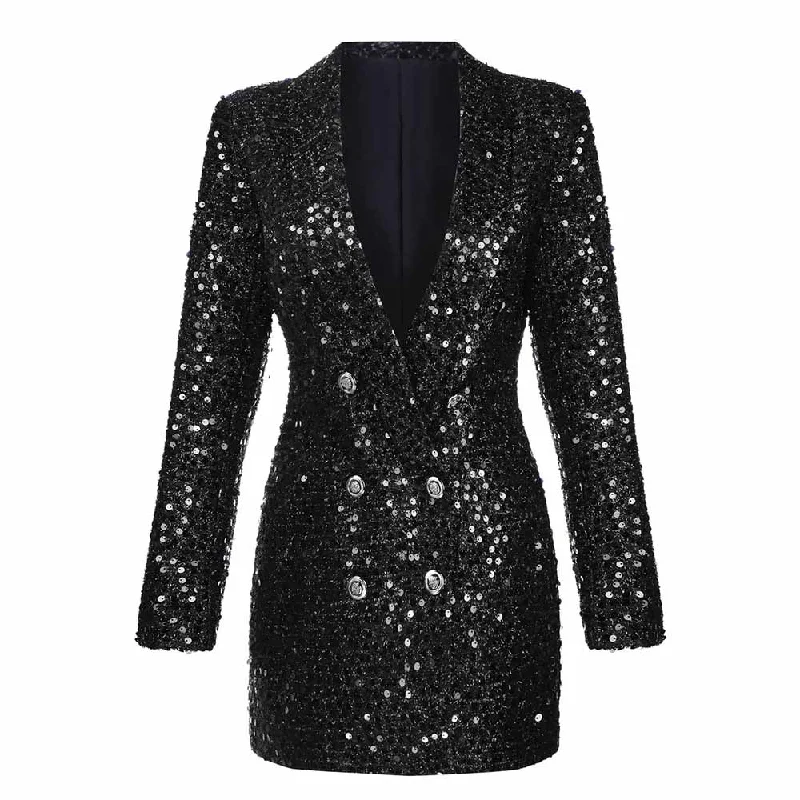 Women's Coats with Fur TrimmedWomen Bling Bling Sequined Black Long Blazer