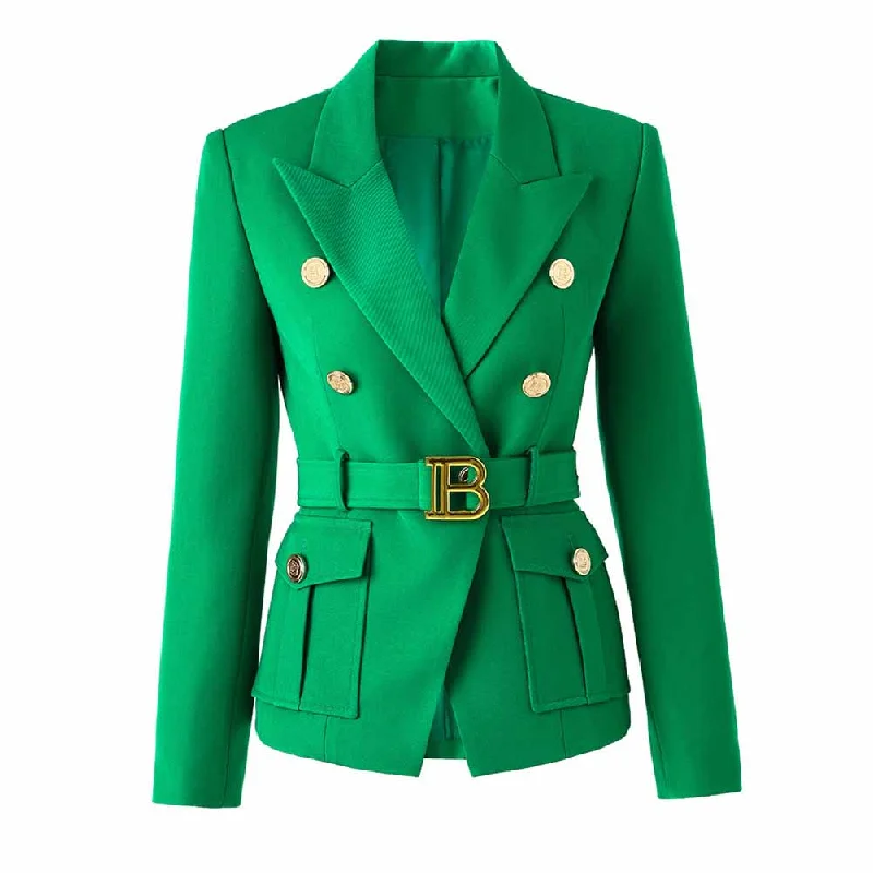 Women's Rain CoatsWomen's Luxury Fitted Emerald Green Blazer Golden Lion Buttons Coat Belted Jacket