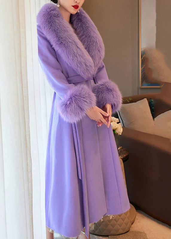 Women's Quilted CoatsBoho Purple Fur Collar Pockets Tie Waist Wool Maxi Coats Winter