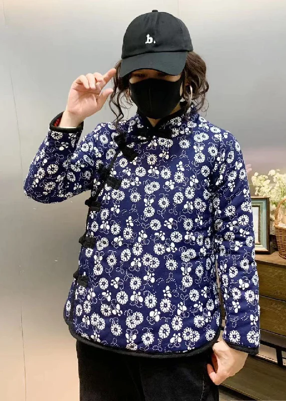 Women's PeacoatsBlue Slim Fit Fine Cotton Filled Coats Stand Collar Print Winter