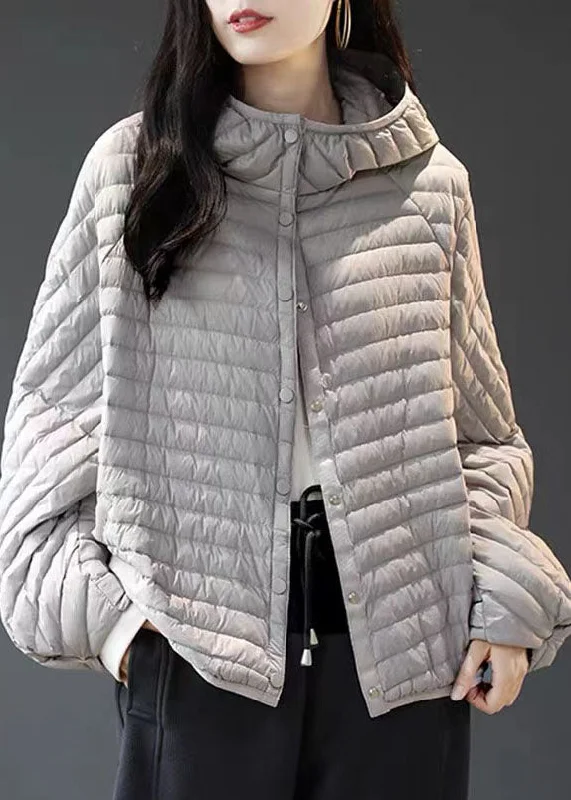 Women's Coats with Fur Trimmed PocketsPlus Size Grey Striped Button Fine Cotton Filled Parka Winter