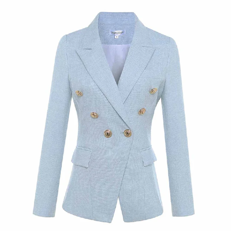 Women's Coats with Fur Trimmed CollarWomen Sky Blue Double Breasted Blazer Gold Buttons Jacket