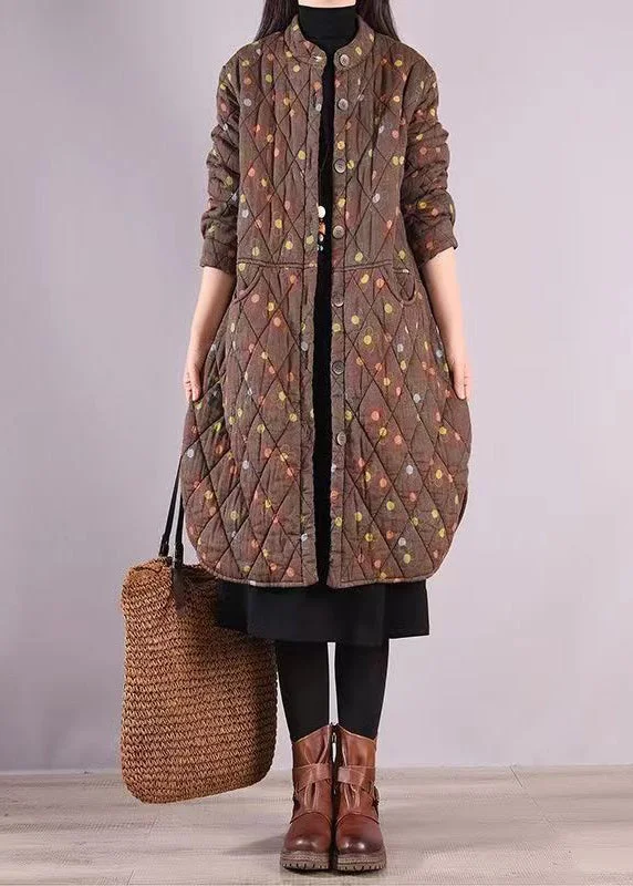 Stylish Women's CoatsCoffee Print Pockets Patchwork Fine Cotton Filled Coats Stand Collar Winter