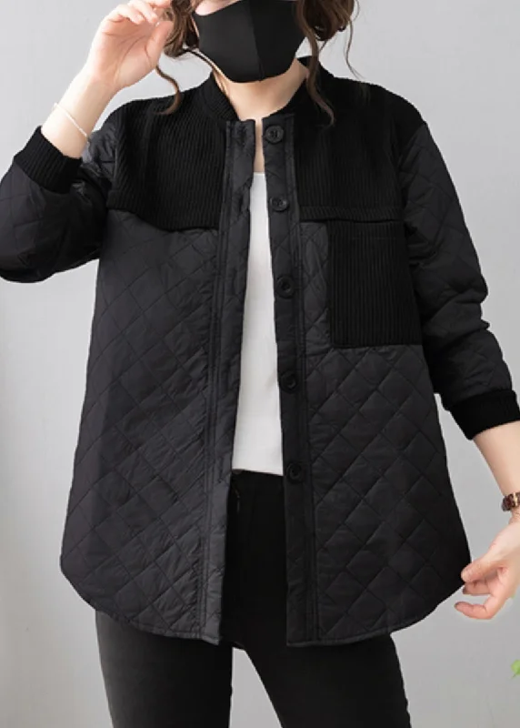 Women's Coats with Fur TrimmedLoose Black Button Patchwork Thin Cotton Coat Long Sleeve