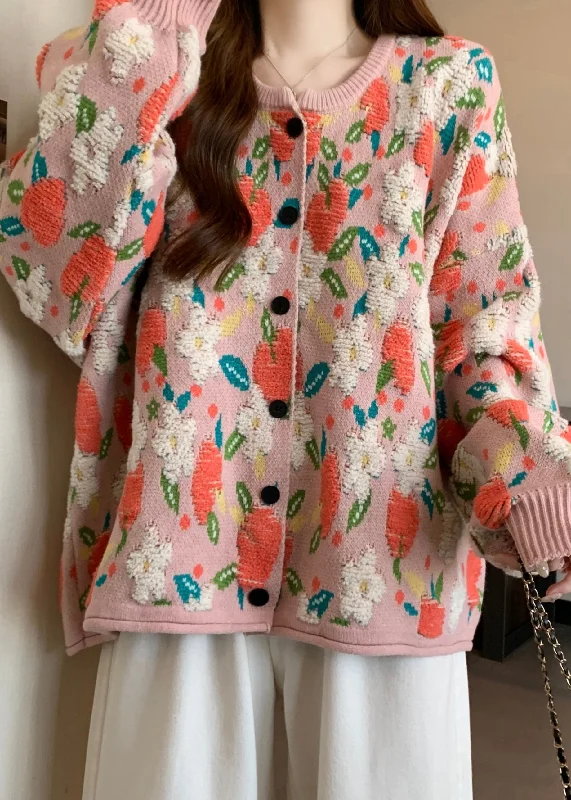 Women's Quilted CoatsCute Pink O Neck Jacquard Knit Loose Coat Winter