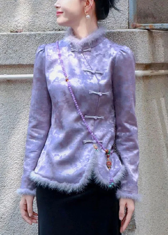 Women's Coats with Fur Trimmed PocketsNew Purple Button Patchwork Thick Coats Spring