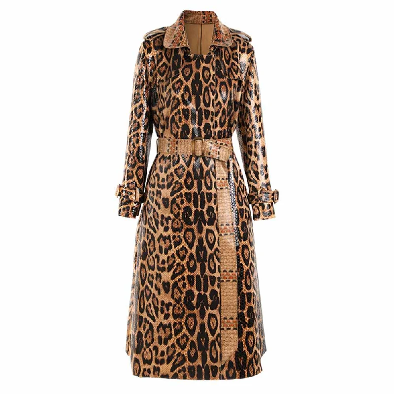 Women's Coats with Fur Trimmed ButtonsWomen Animal Print Formal Coat In Brown Leopard Print Belted Trench Coat