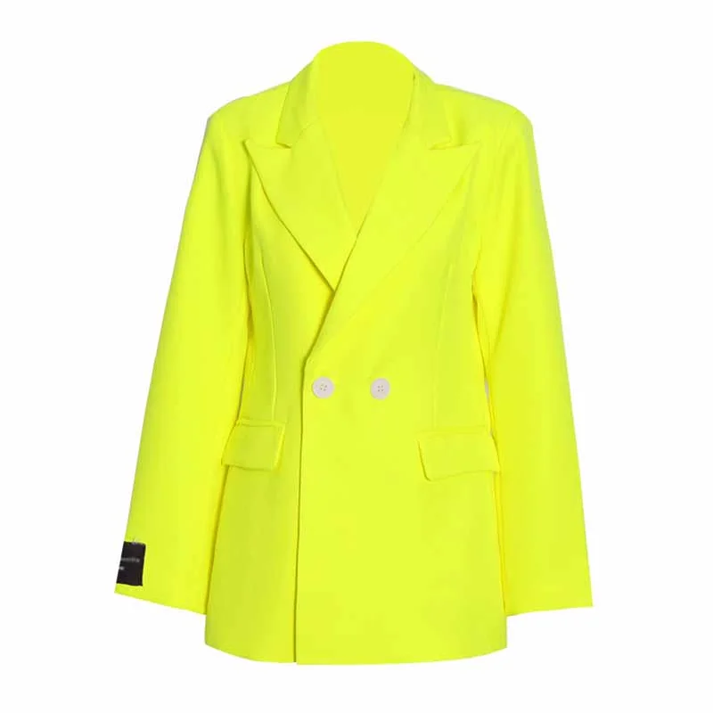 Women's Coats with Fur Trimmed SleevesWomen Deep V Fluorescent Yellow Coat single-breasted Blazer