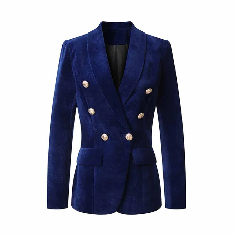 Women's Coats with Fur TrimWomen V-Neck Double Breasted Gold Buttons Dark Blue Blazer Jacket