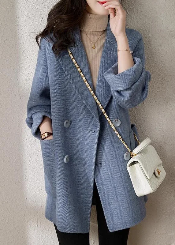 Women's Coats with Fur Trimmed PocketsFrench Blue Notched Button Woolen Coat Spring