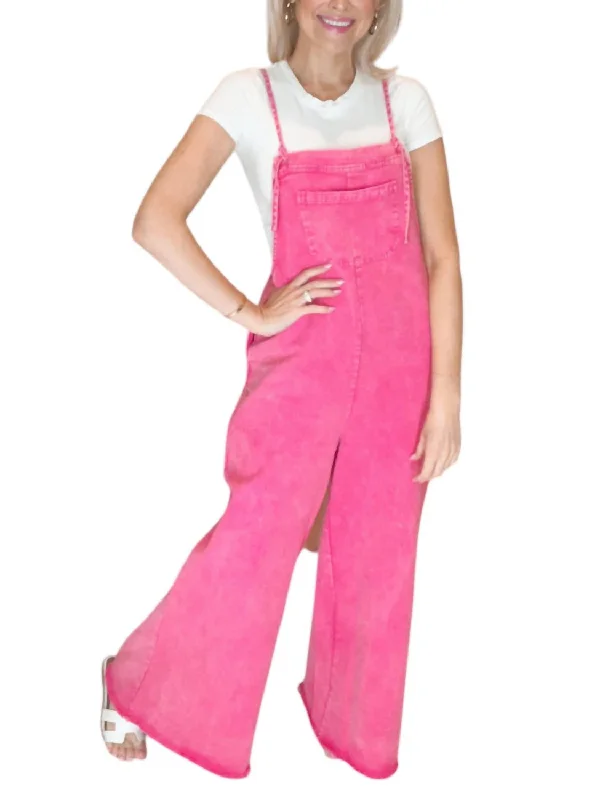 Women's Jodhpurs with Narrow CollarWashed Denim Overalls In Pink