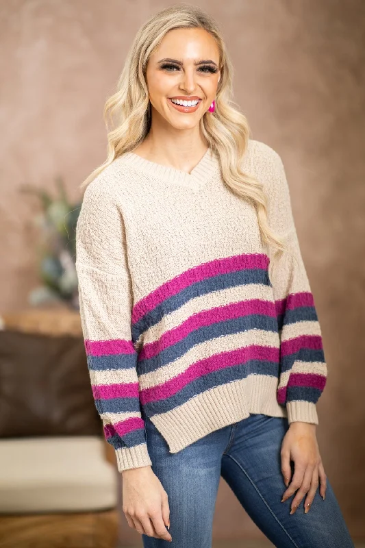 Women's Button-Up SweatersOatmeal Multicolor Stripe Sweater